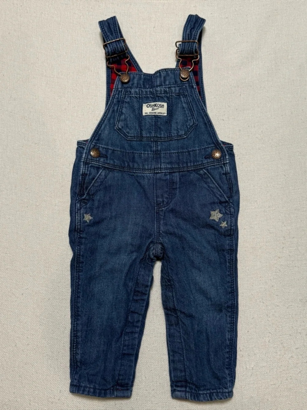 OshKosh B'gosh Plaid Flannel Lined Blue Denim Jean Overalls Star Accents Baby 9M